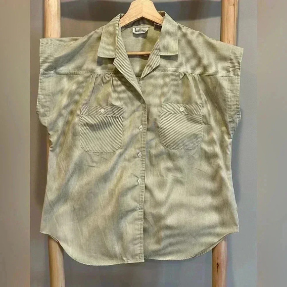 Vintage Linnay stripe boxy cap sleeve button down blouse pockets cream/white - Picture 3 of 10